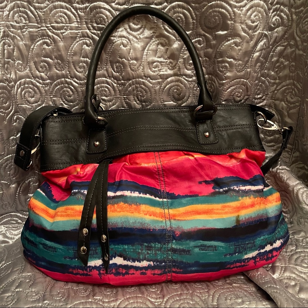 Nine & Co Colorful Striped Satchel Bag | Leather Trim Shoulder Statement Handbag